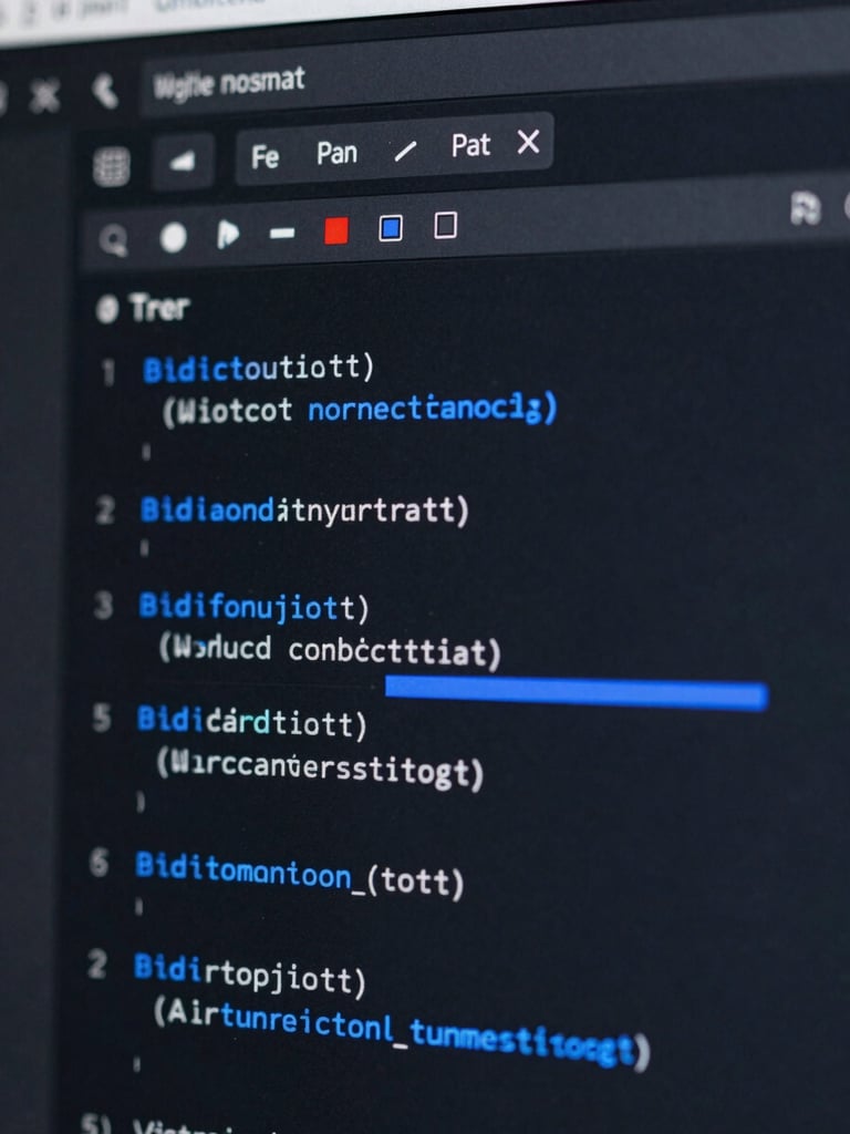 Extreme close-up macro shot of a dark-mode WordPress interface showing clean code blocks and structured AI automation toggles, electric cobalt highlights, sharp studio lighting.