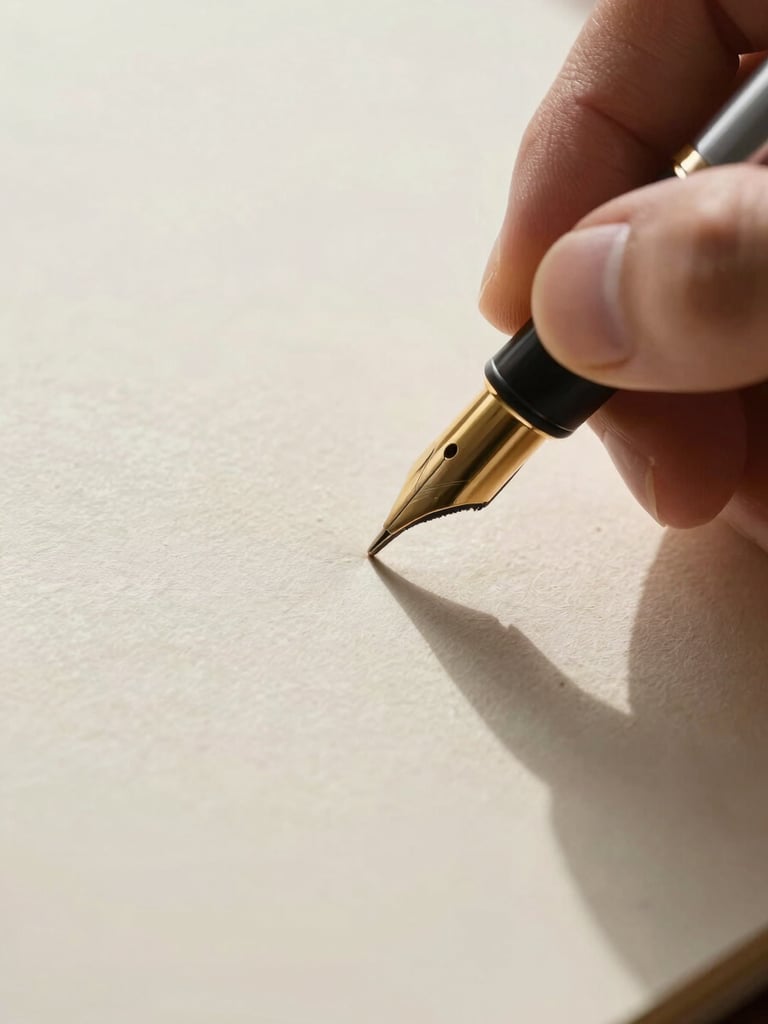 Macro close-up of hands writing with a gold nib pen on thick, textured cream paper, casting deep geometric shadows across the page.
