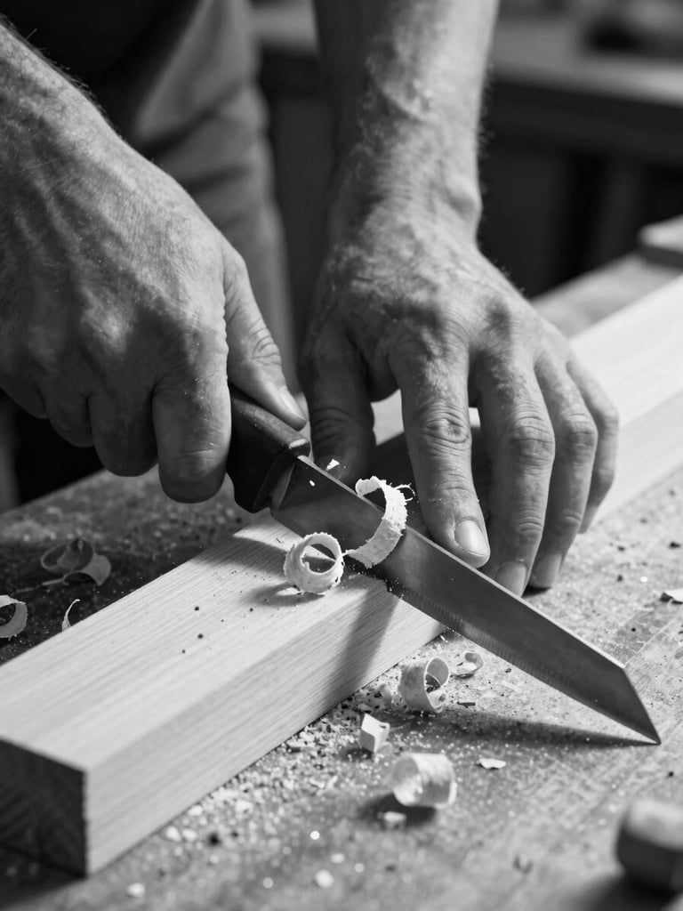 Extreme close-up of skilled hands pressing a sharp plane blade across raw timber on a workbench, fine wood shavings curling mid-air, north-facing studio light casting hard shadows, black-and-white high-contrast