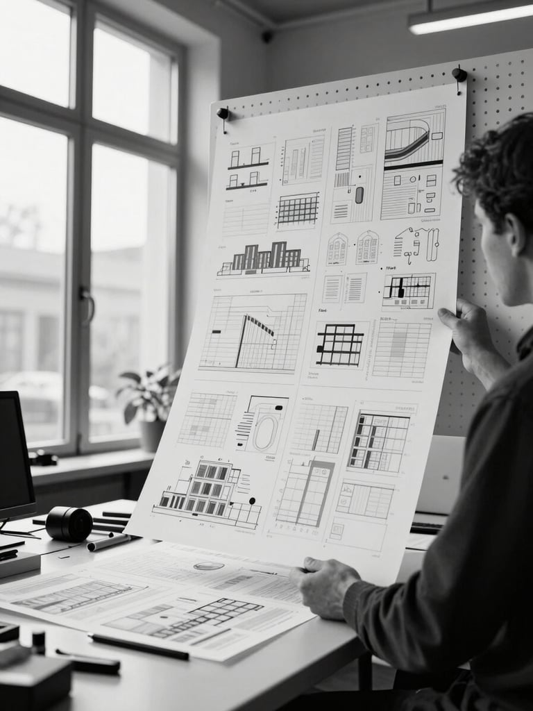 Wide environmental shot of a designer's workspace, hands holding a large printed card layout against a white pinboard wall, north-facing daylight through tall windows, high contrast black and white mood, tools and printed sheets visible on the desk below