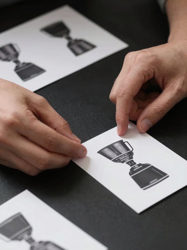 Close-up of a designer's hands arranging printed layout cards on a matte black desk surface, one card being precisely aligned with a fingertip, north-facing studio light, stark contrast, no color accents