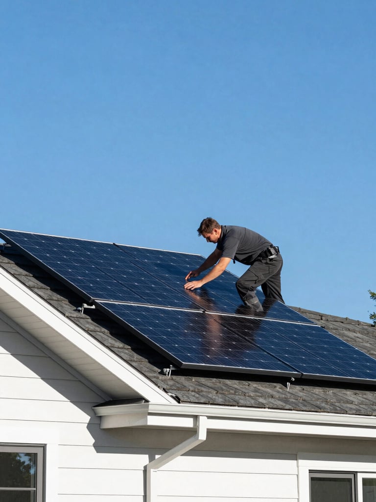 Professional technician installing solar panels on a modern Pacific Northwest home roof, clear blue sky, high-contrast daylight, low angle shot, 35mm lens.