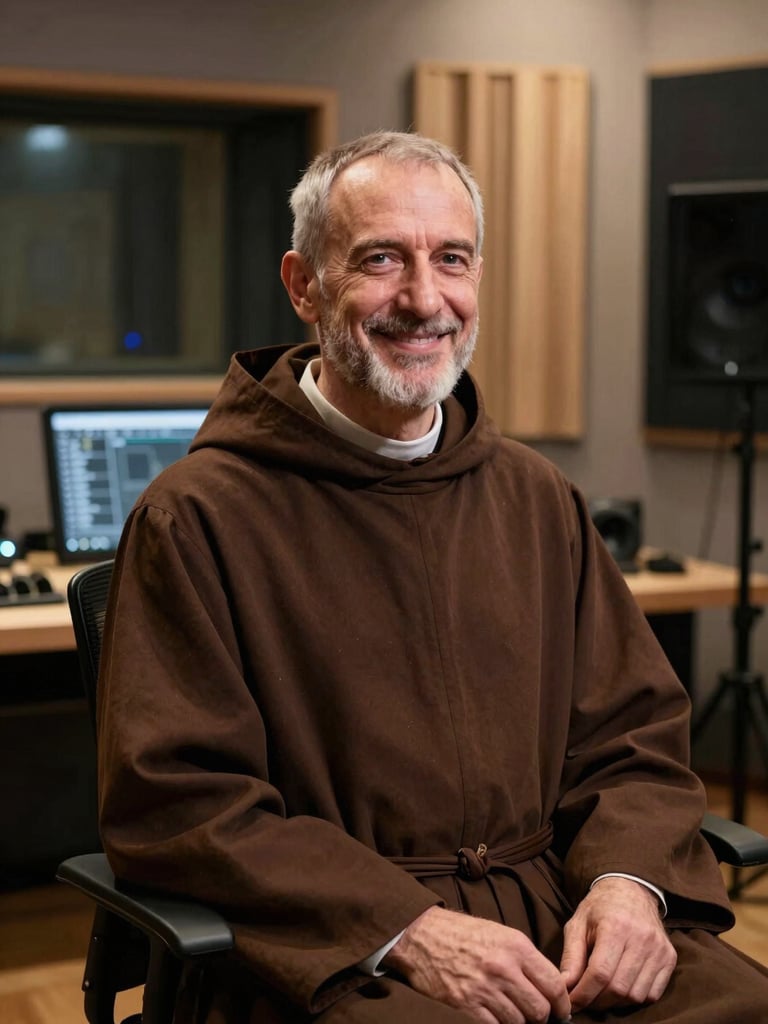 A warm portrait of a Franciscan friar wearing a simple brown habit, smiling gently, seated in a modern digital recording studio with warm ambient lighting, professional framing.
