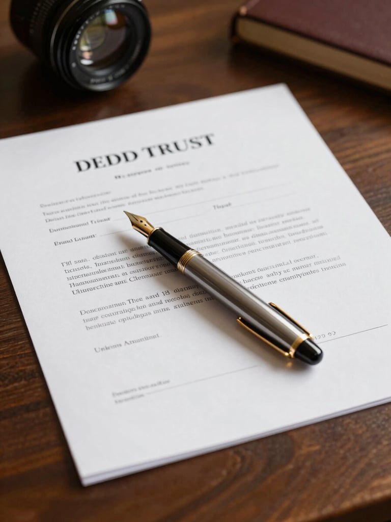 A classic fountain pen resting on a clean, structured deed of trust document, warm morning light, professional closing table details
