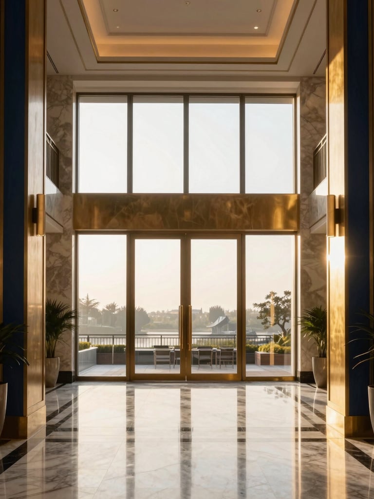 Symmetrical architectural shot of a modern luxury office lobby with polished marble floors, warm brass accents, and large windows with soft morning light, 35mm lens
