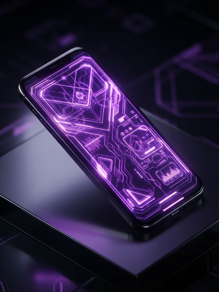 Angled isometric 3D render of a sleek Android device displaying glowing neon-violet wireframes, dramatic high-contrast side-lighting, dark reflective background
