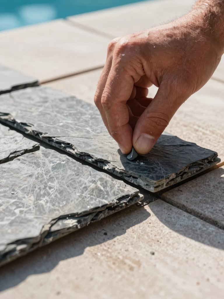 Macro close-up of a master mason hand-laying structured slate tiles on a pool deck, crisp morning sunlight highlighting the stone texture, clean mortar lines.