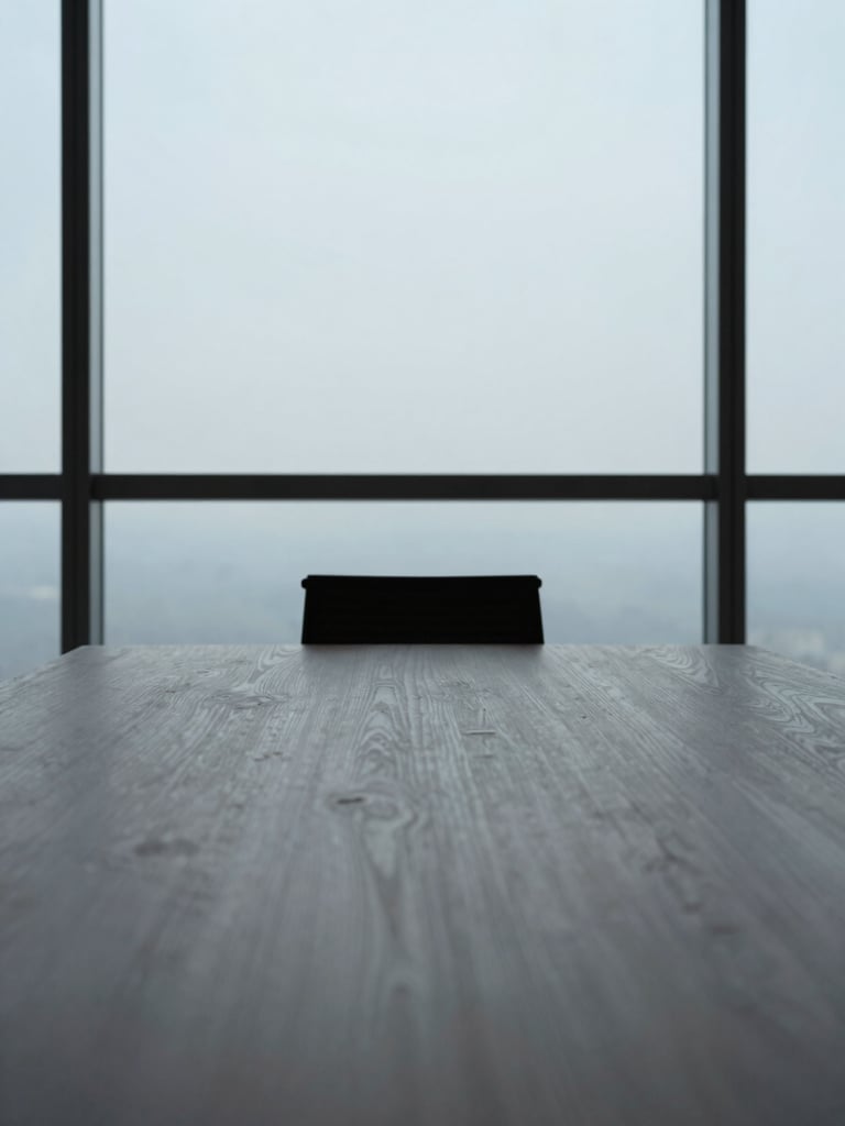 Close-up, wide-angle architectural photograph of a minimalist, high-end boardroom table with a single chair, natural light streaming from a large window, conveying quiet authority and focused intent.