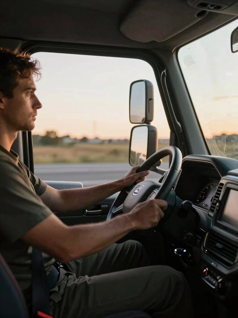 Wide shot from inside a modern truck cab, driver's hands resting on the steering wheel, warm golden-hour light streaming through the windshield, open road visible ahead, dashboard details in soft focus