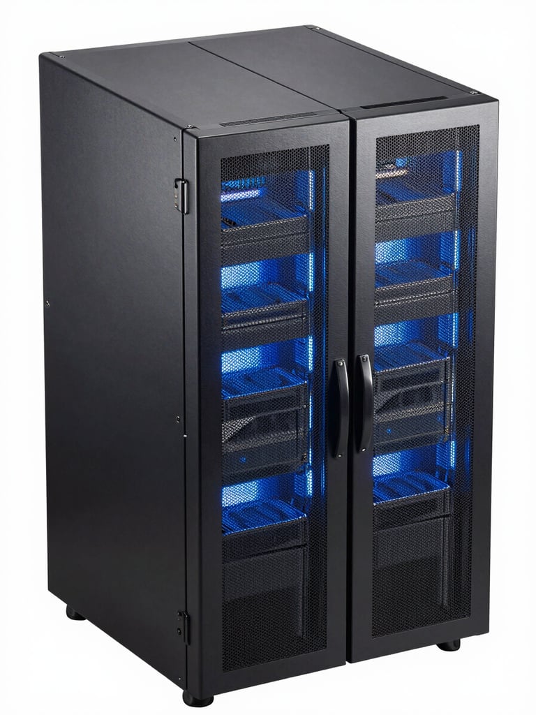 Frontal isometric view of a clean enterprise server rack, cold blue LED lights, brushed steel texture, technical precision framing, high definition.