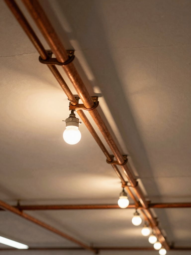 Close overhead view of a neat conduit run along a commercial ceiling, copper wire connections visible under warm tungsten ambient light, unoccupied industrial space, sharp technical detail