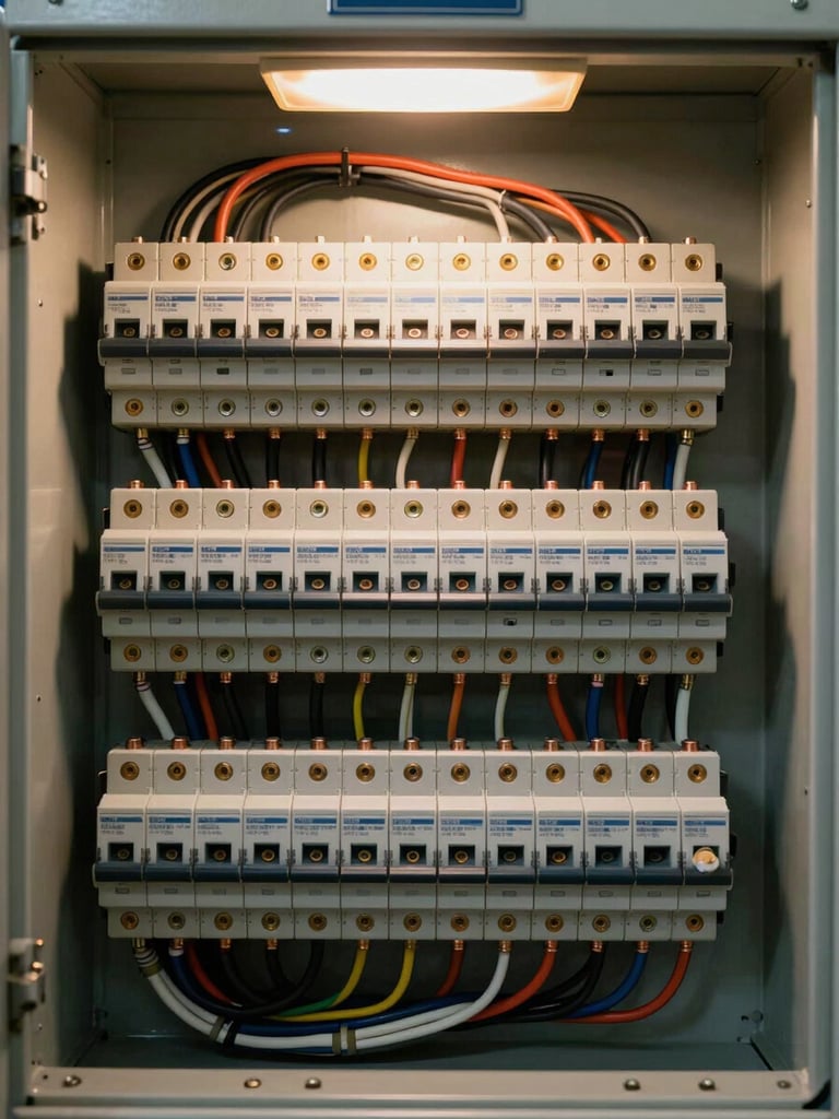 Overhead close study of a residential electrical panel interior — neat wire management, labeled breakers, copper lugs torqued to spec, tungsten ambient light from above, no hands in frame, sharp focus on the bus bar and terminal connections, warm color temperature, industrial realism