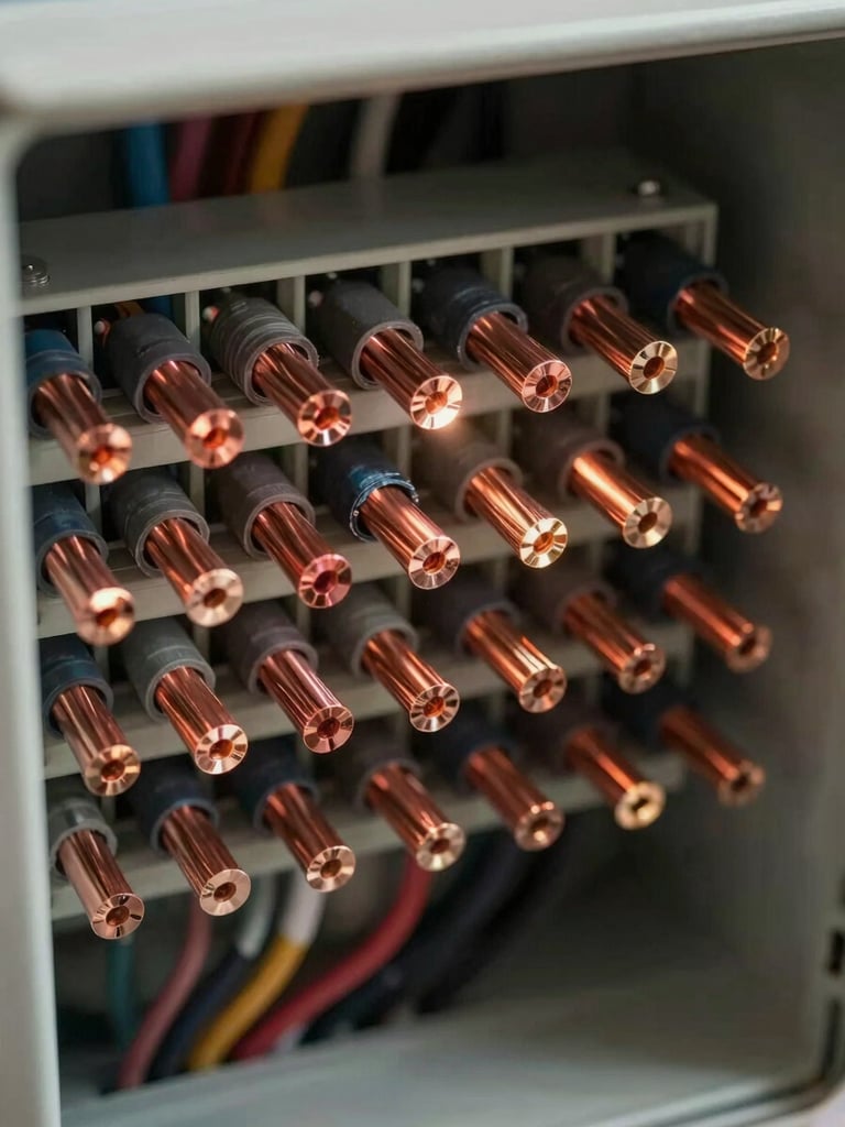 Close-up overhead study of neatly terminated electrical connections inside a residential panel, copper wire ends in tight formation, warm tungsten on-site ambient light, deep shadow in corners, no people