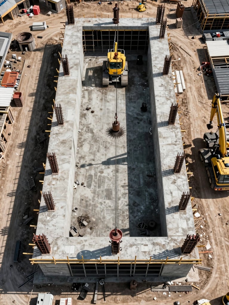 Wide overhead orthographic frame of an active construction site — concrete foundations and steel framing mid-pour, heavy equipment casting long shadows, natural midday light, no people visible, documentary framing from directly above