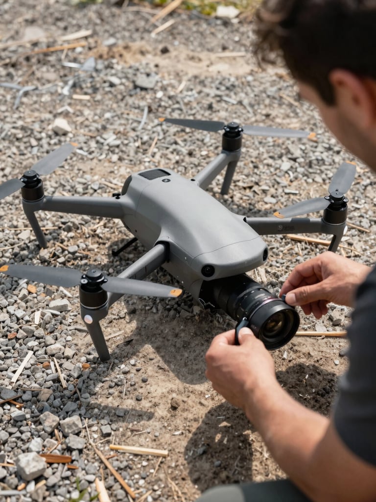Close overhead view of drone hardware resting on a job-site gravel pad, operator hands performing a pre-flight check, natural midday light, dust and site debris visible in the foreground