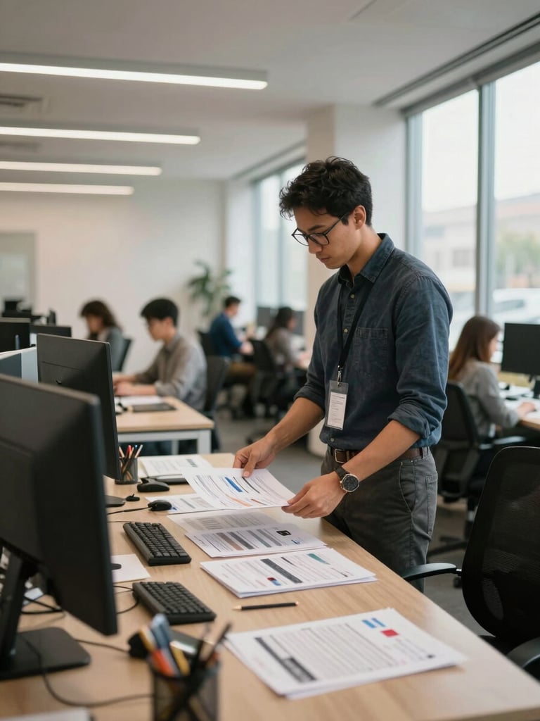 Wide shot of an open-plan office floor during business hours, hiring manager at a standing desk reviewing printed candidate materials, warm window daylight from the right, other colleagues visible at desks in the background, medium depth of field