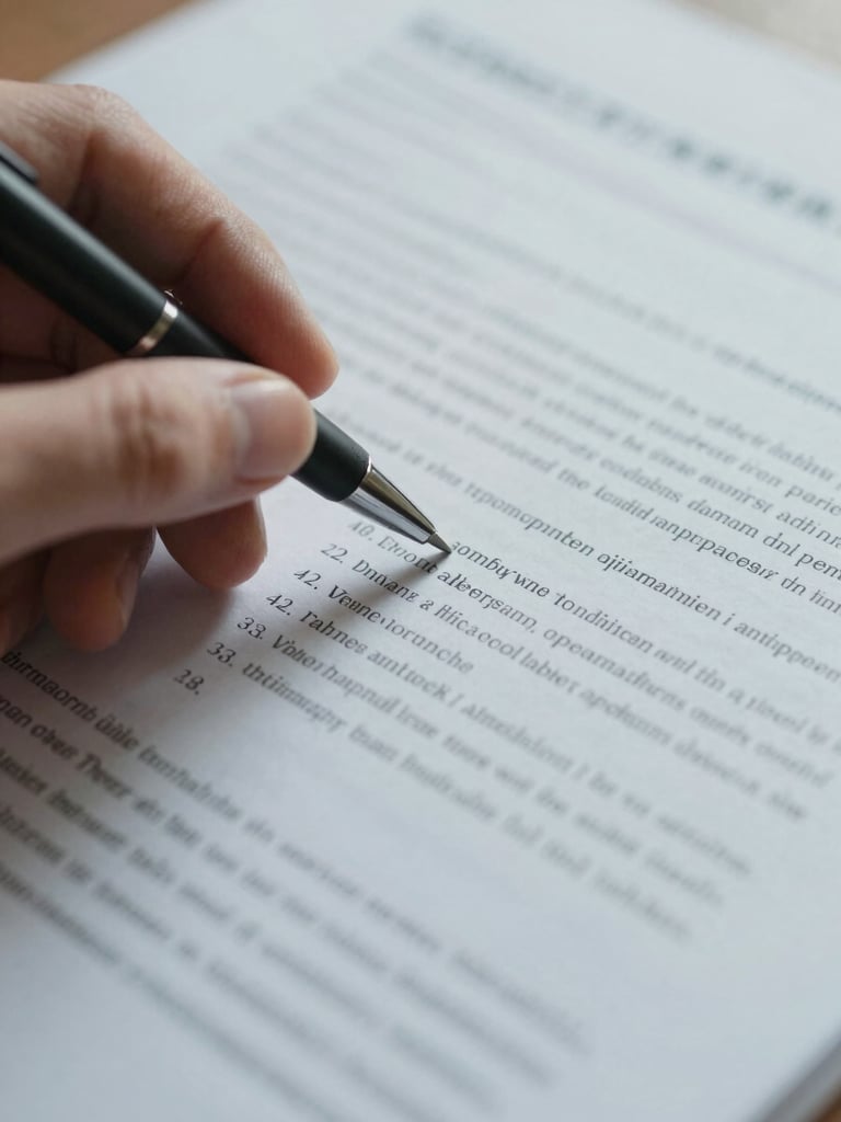 Extreme close-up from above under cool north-facing daylight — a hand with a fine-tipped pen pointing at a specific numbered clause on a printed A4 document, the surrounding text softly out of focus, crisp cool-white light, no shadows