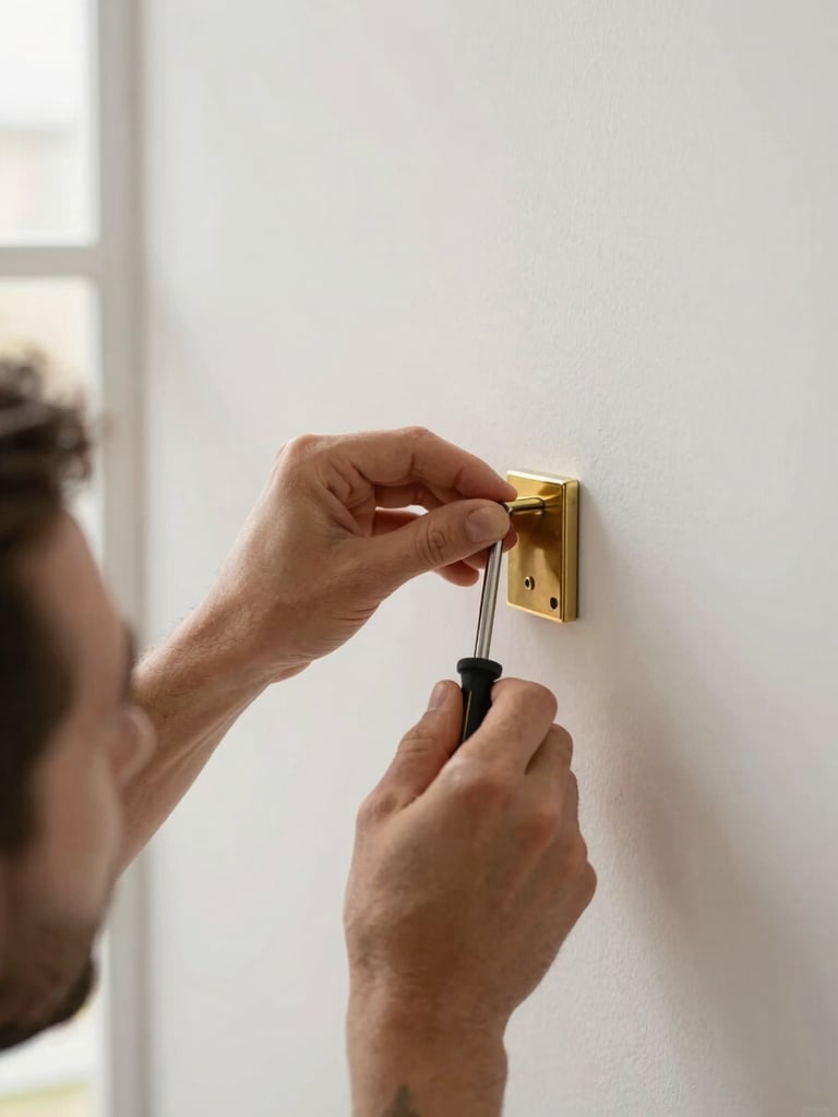Close-up of a craftsman's hands carefully adjusting a brass bracket on a clean wall with a precision screwdriver, warm natural light, shallow depth of field