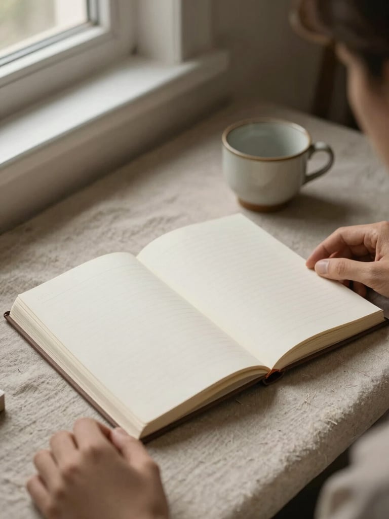 Close overhead view of a quiet study corner, an open journal resting on a warm linen surface beside a small ceramic cup, soft diffused window light from the left, hands partially visible at the edge of the frame, muted ivory and taupe tones