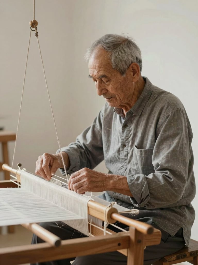 Dignified portrait of an elderly master weaver at a traditional wooden loom, soft side daylight illuminating detailed hand movements and raw cotton threads, minimalist composition