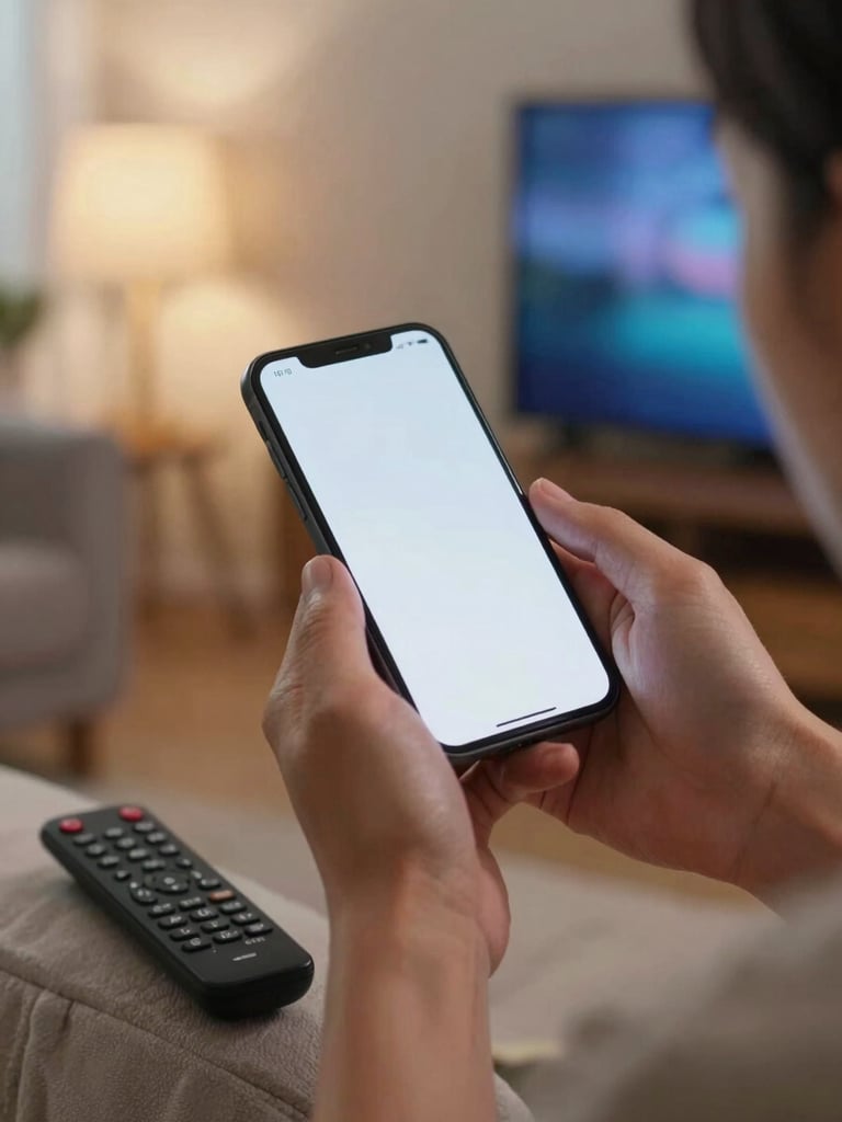 Close-up of hands holding a smartphone mid-call, screen lit, tungsten living-room light from the left, TV glow visible in background, remote resting on armrest beside them