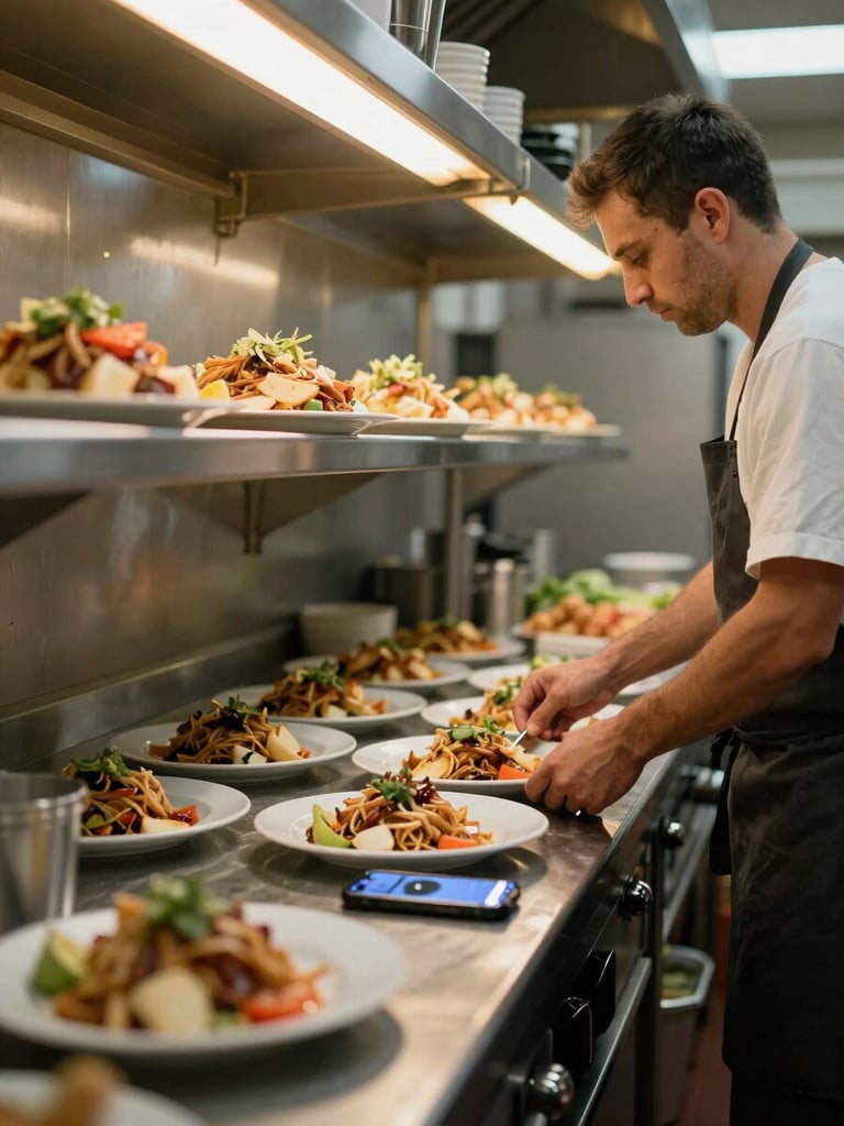 Wide environmental shot inside a small restaurant kitchen, owner's hands arranging plates on a stainless steel pass, warm tungsten overhead light, phone screen glowing on the counter beside the food, natural depth of field