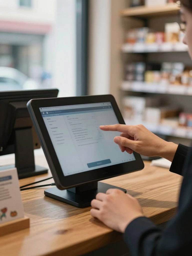 Close-up of hands at a shop counter operating a tablet point-of-sale screen, natural daylight from a side window, wooden counter surface visible, product shelves softly out of focus in the background
