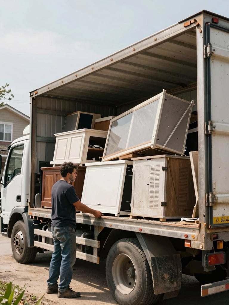 Close-up wide shot of a hauler team loading bulky furniture and broken appliances onto the back of a flatbed truck at a residential driveway, midday natural light, dirt and dust visible, real working environment