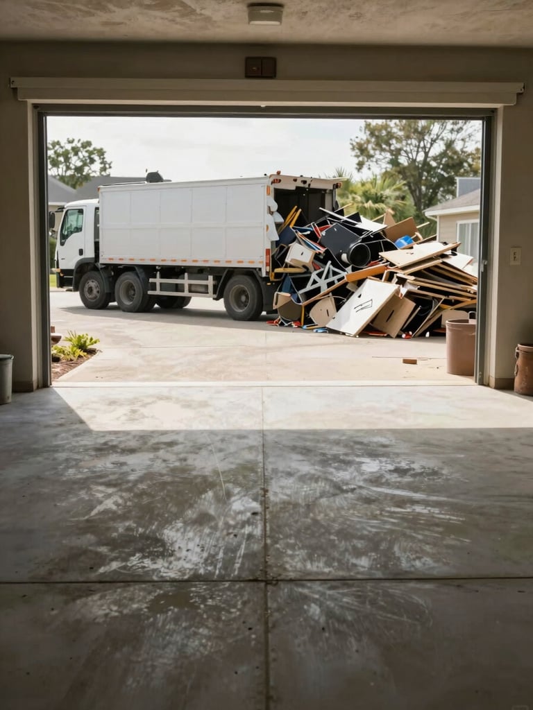 Wide environmental shot of a cleared residential garage after a full junk haul—empty concrete floor, open space where piles once stood, natural daylight flooding in through the open door, a loaded hauler truck visible at the edge of the driveway outside