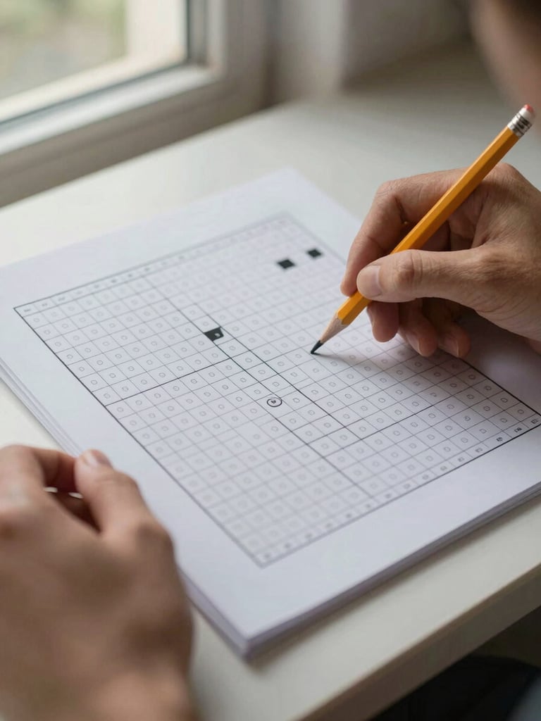 Close-up of hands holding a printed logic puzzle page, a pencil lightly marking a grid cell, soft natural daylight from a nearby window, shallow depth, desk surface visible below