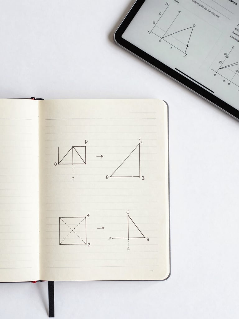Overhead flat-lay of a clean study desk with hand-drawn geometric proofs in a notebook, a modern digital tablet showing mathematical graphs, bright daytime lighting, sharp focus, 35mm