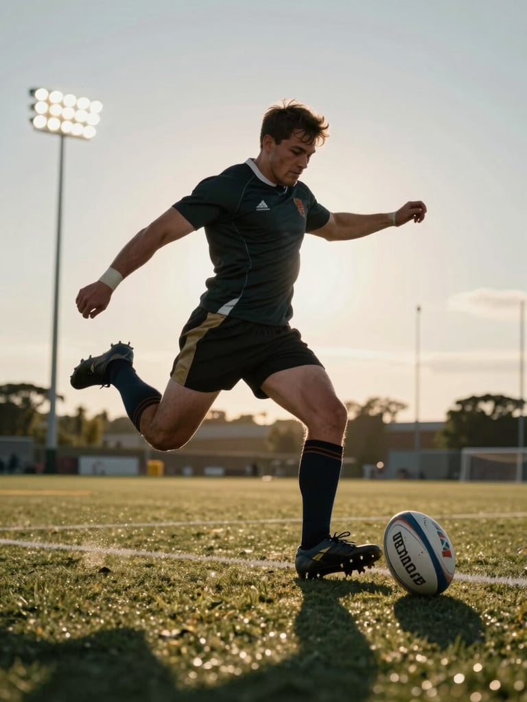 Low-angle action shot of a rugby player mid-stride under bright evening floodlights, kicking a ball, dramatic shadows, warm athletic energy.