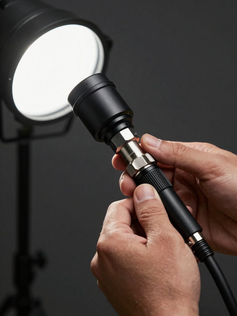 Close-up of a plumber's hands gripping a pipe inspection camera head, cool studio light revealing metal fittings and cable detail, dark industrial background with shallow depth of field