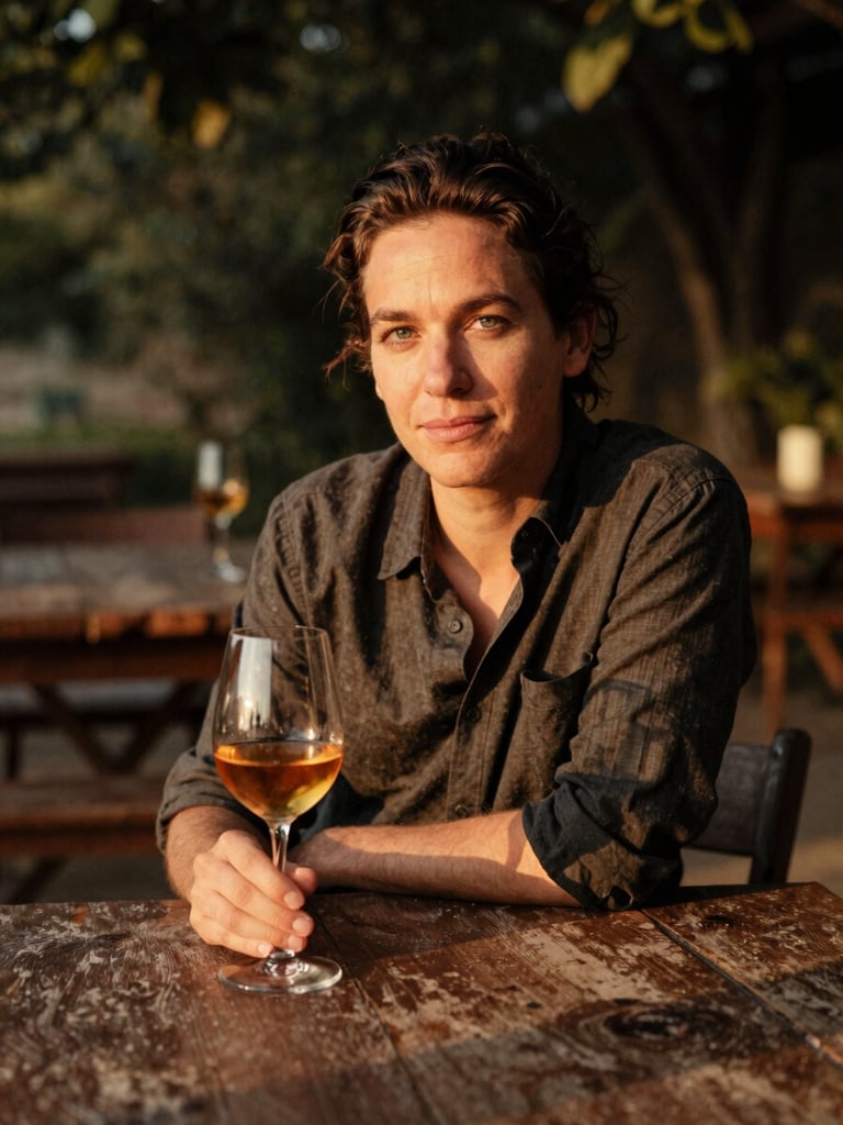 Environmental portrait of a culinary writer sitting at a rustic outdoor table, holding a glass of amber wine, warm golden-hour light