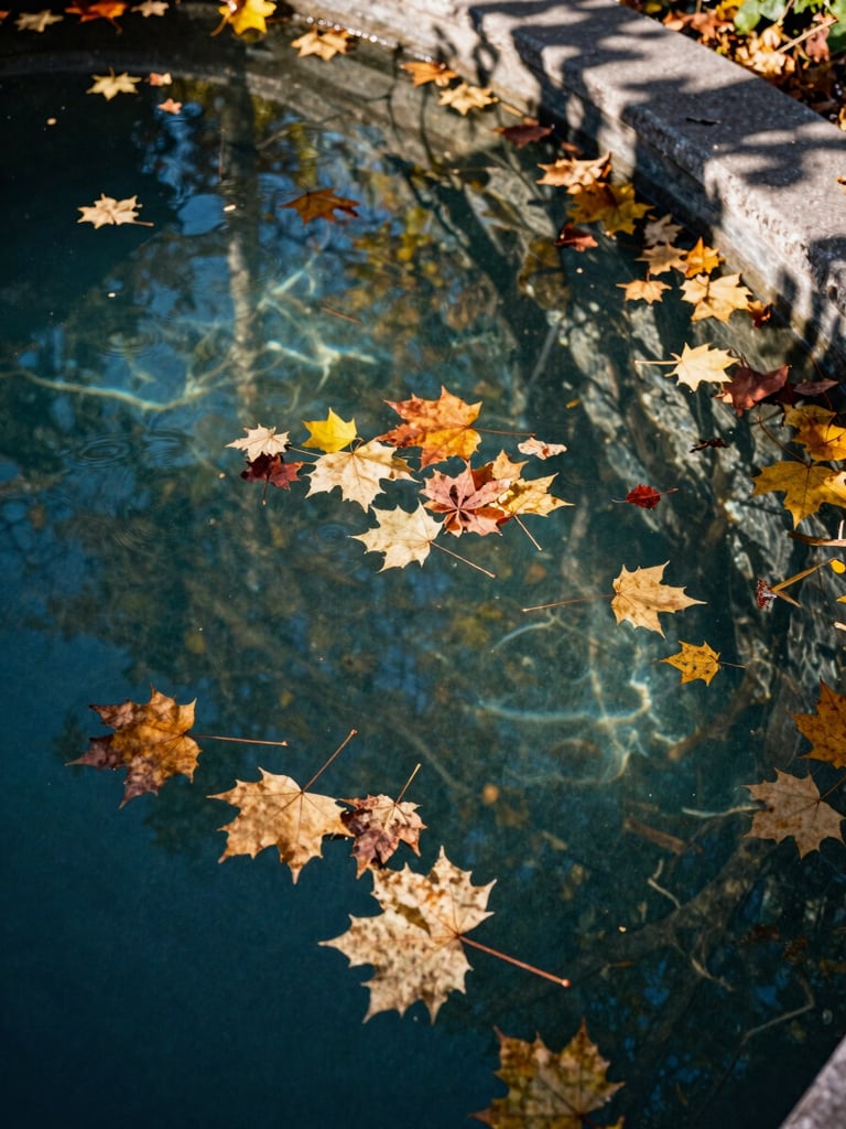 Close overhead shot of a pool surface in a Longueuil backyard, fallen maple leaves and organic debris floating on the water surface under bright natural daylight, mature tree branches visible at the frame edges casting dappled light