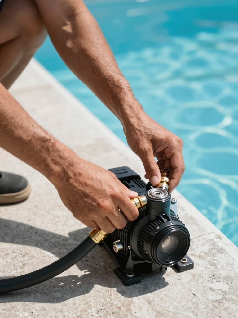Close-up of a technician's hands connecting a pool pump hose on a bright summer morning, concrete pool deck visible, clear blue water in background, natural daylight