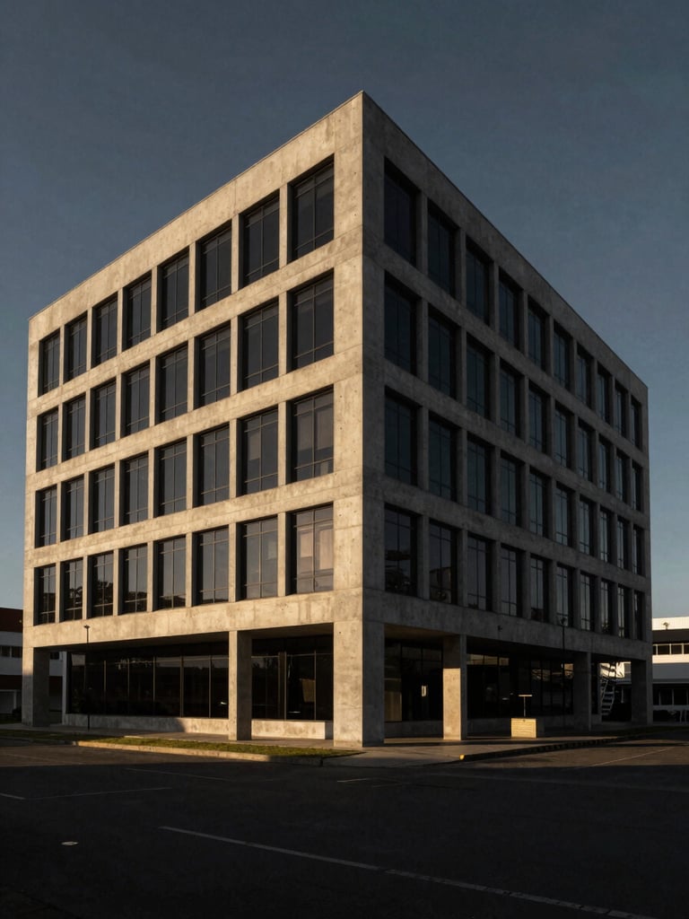 Wide-angle architectural shot of a minimalist concrete and glass corporate building in Cotonou, sharp geometric shadows, golden hour light.