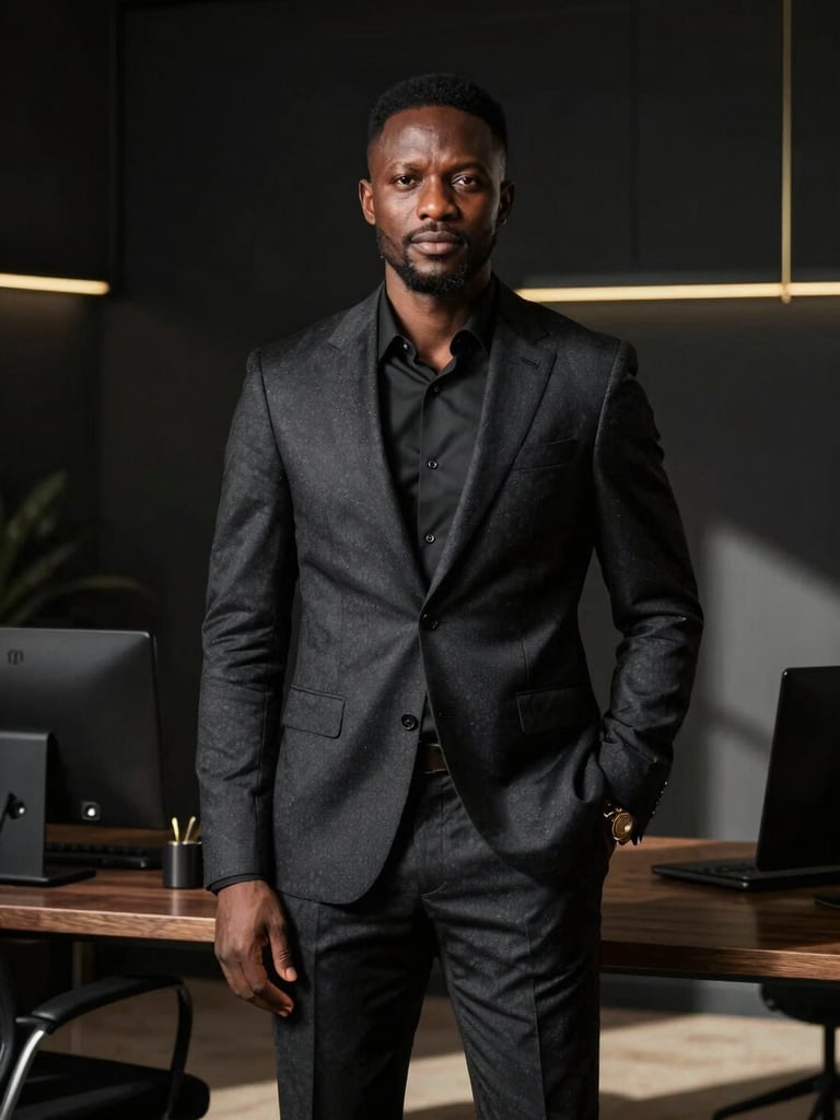 Portrait professionnel de Maxime Agbomahenan, CEO de Max Kofi, costume sombre élégant, regard confiant, arrière-plan de bureau d'architecte épuré, éclairage de studio haut de gamme.