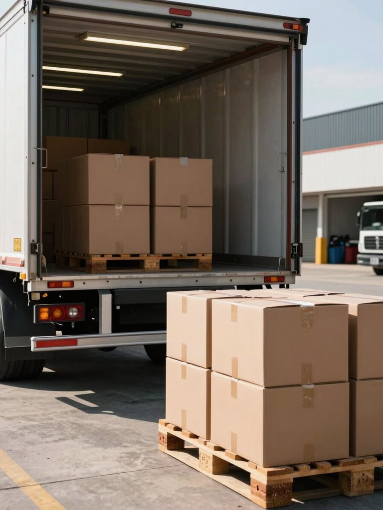 Close-up ground-level view of a truck backed into a loading dock at a Brazilian logistics warehouse, dock leveler extended, cardboard cargo boxes stacked on a pallet in the foreground, natural daylight streaming through the open dock door, overhead fluorescent lighting casting clean shadows on a concrete floor