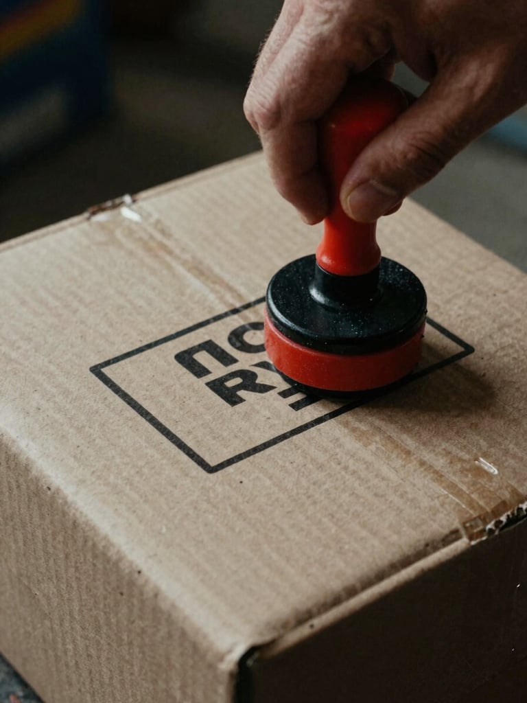 Close-up of a hand stamping a cardboard shipping box with a bold black ink brand seal, gritty workshop background.