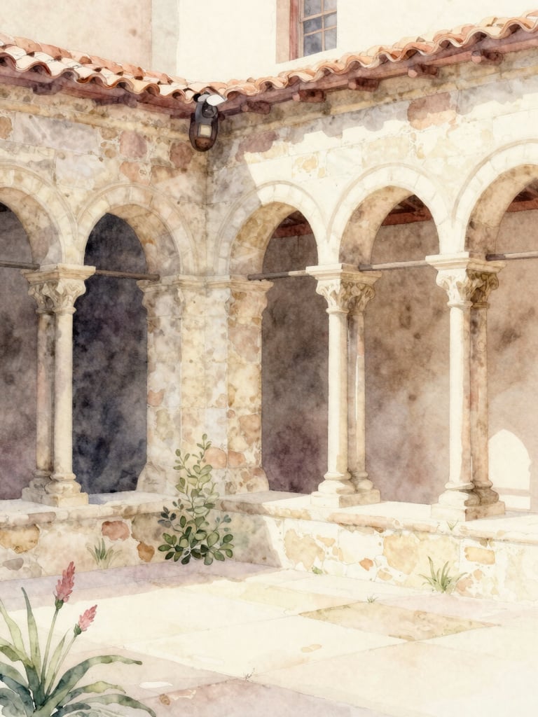 Watercolor illustration of a historic stone cloister courtyard with soft light filtering through archways, romantic botanical details