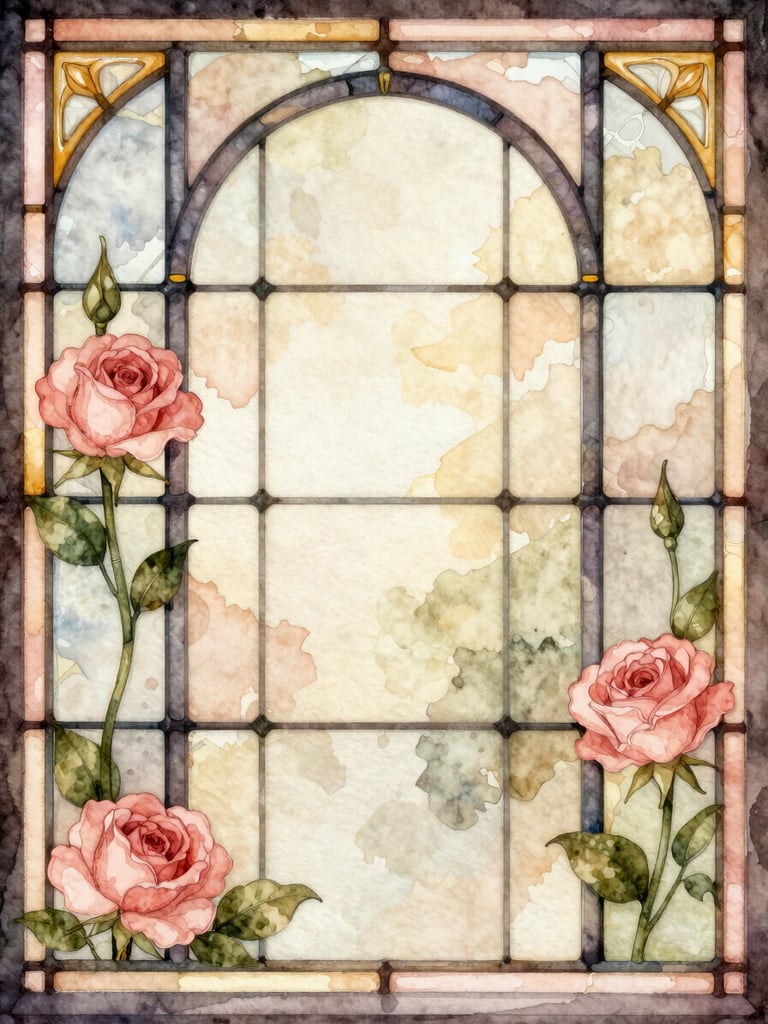 Watercolor illustration of an antique stained glass window with soft rose and olive tones, warm ambient light, vertical aspect