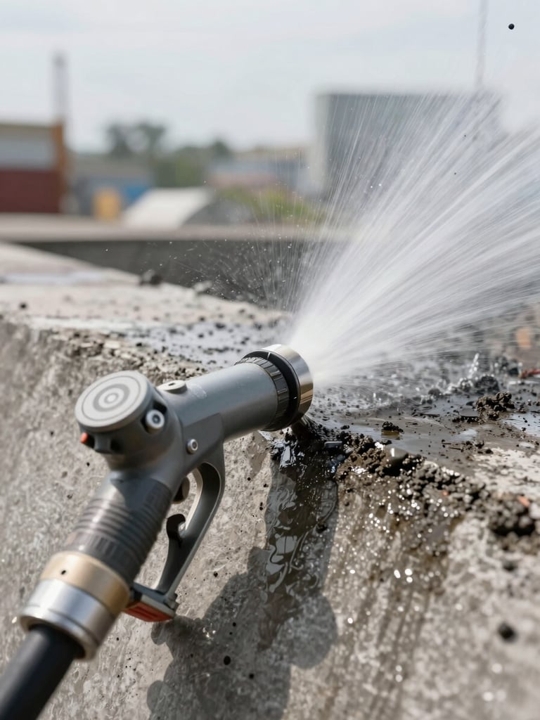 Close-up of a high-pressure spray nozzle contacting a stained concrete surface, bright overcast daylight, clean arc of water visibly stripping away dark grime, construction-grade equipment detail in foreground