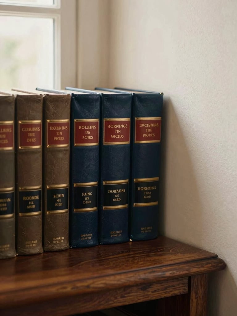 Sober and elegant library corner with leather-bound legal books, warm directional light, dark wood textures, 35mm photography