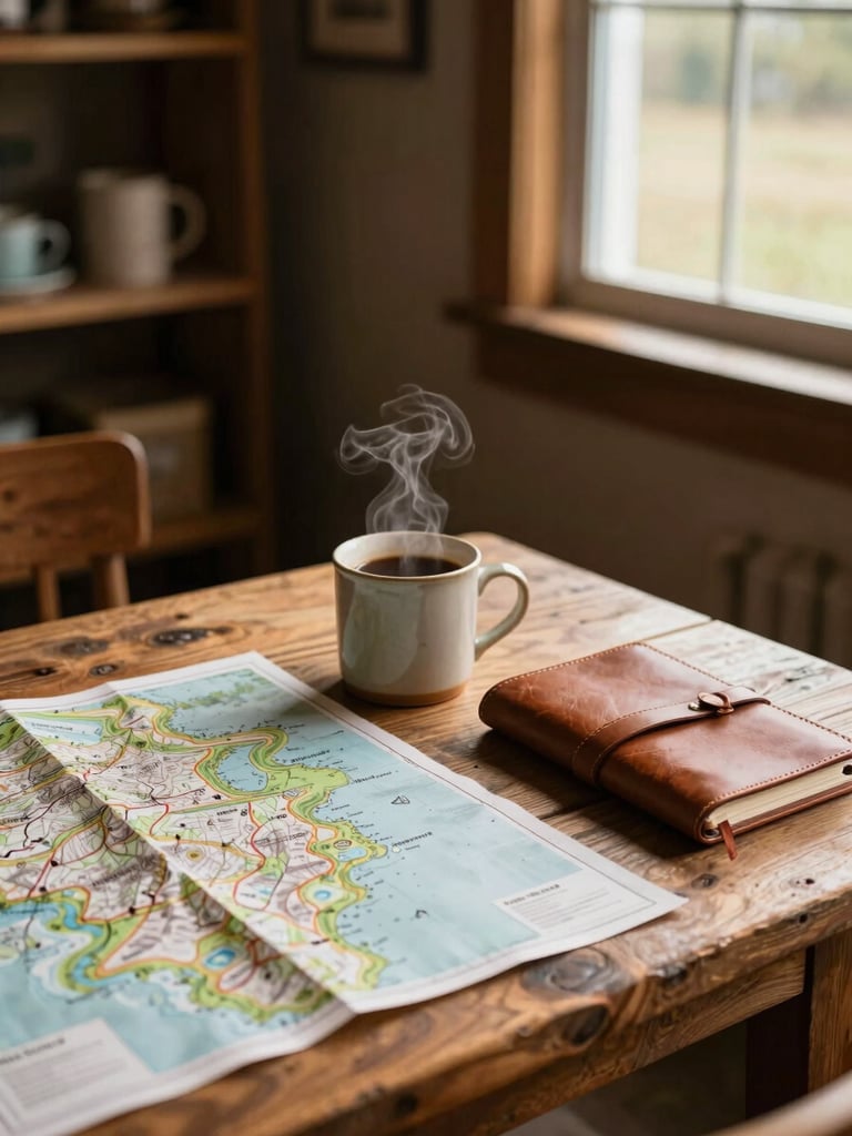 A cozy interior corner of the Wild Bungalow shop, showing a rustic wooden table with a topographic map spread out, a warm ceramic mug of steaming coffee, and a leather notebook, bathed in soft afternoon sun.