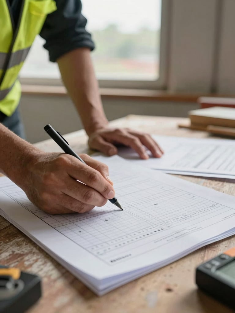 Close-up documentary shot of a construction manager's hands marking up a printed schedule on a job-site table, permit drawings spread underneath, natural overcast daylight through a site window