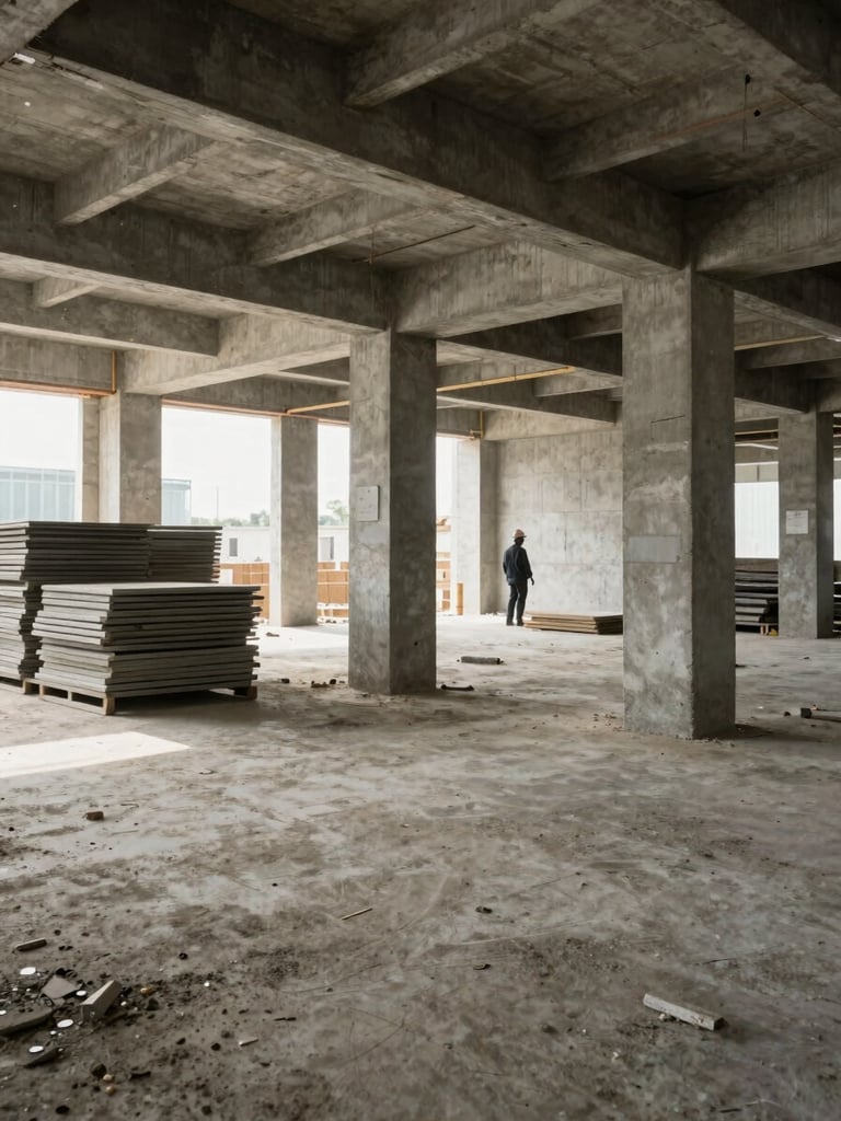 Wide environmental shot inside a mid-construction commercial floor, exposed concrete columns and rough-in MEP overhead, organized material stacks on the left, crew member in hard hat visible at scale in the background under natural site light