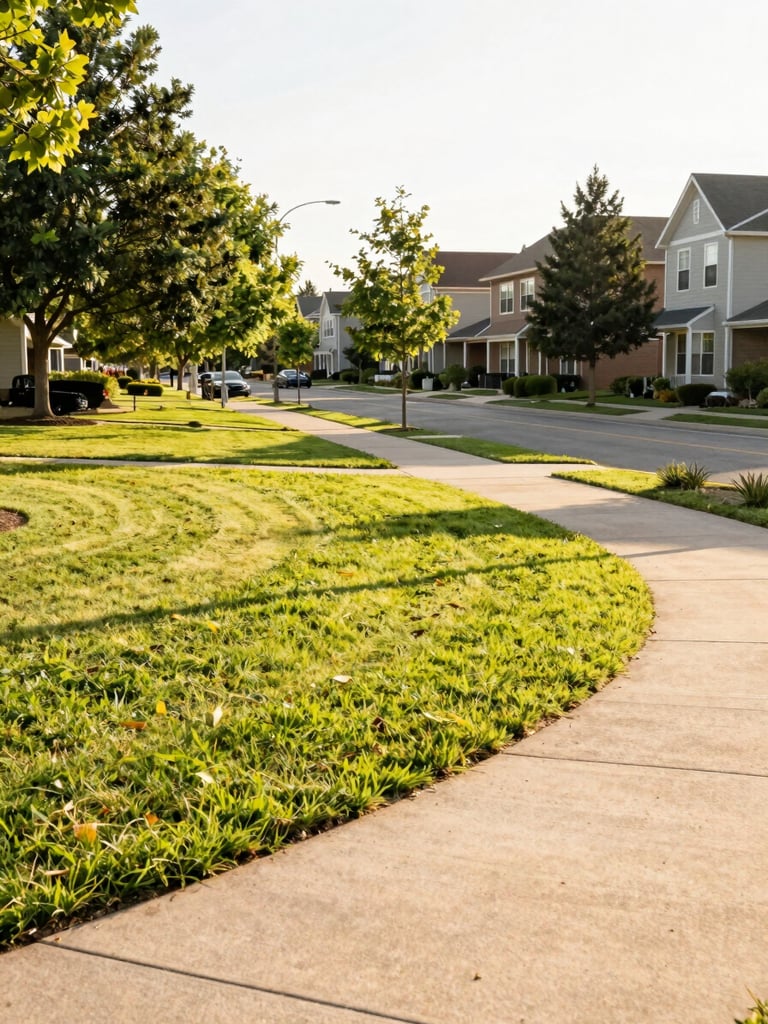 A bright, sunlit view of a well-maintained neighborhood common park with green lawns and clean paved pathways, warm afternoon light, 35mm.