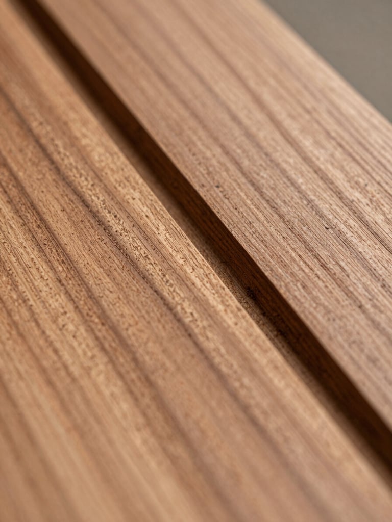 Extreme close-up of a hand-planed walnut surface showing tight grain and a freshly cut mortise pocket, north-facing daylight, no tools visible, pure focus on the wood texture