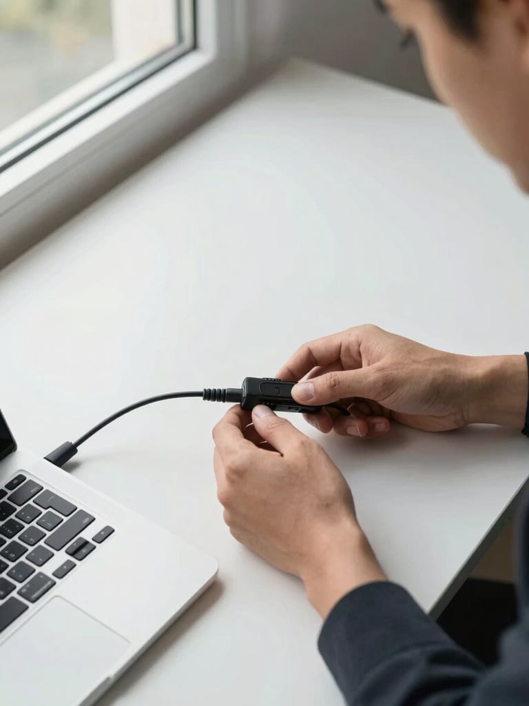 Close overhead shot of a technician's hands connecting a laptop power cable on a customer's desk, natural window light from the left, clean neutral desk surface, no faces visible